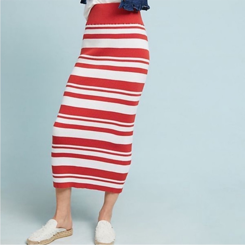 Anthropologie Callahan Striped Knit Sz Large Fitted Maxi Skirt Brick Red/White